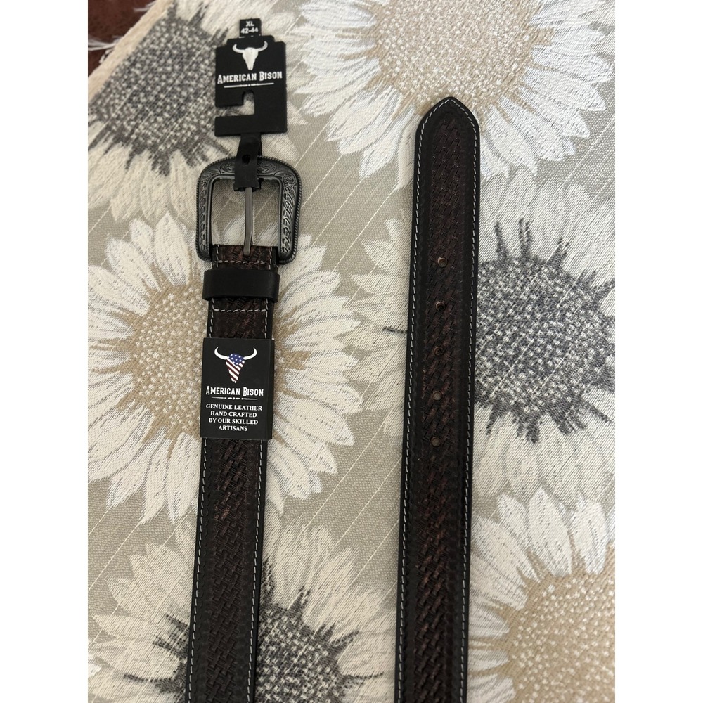 American Bison Mens Brown Leather Basketweave Belt Ornate Buckle XL 42-44